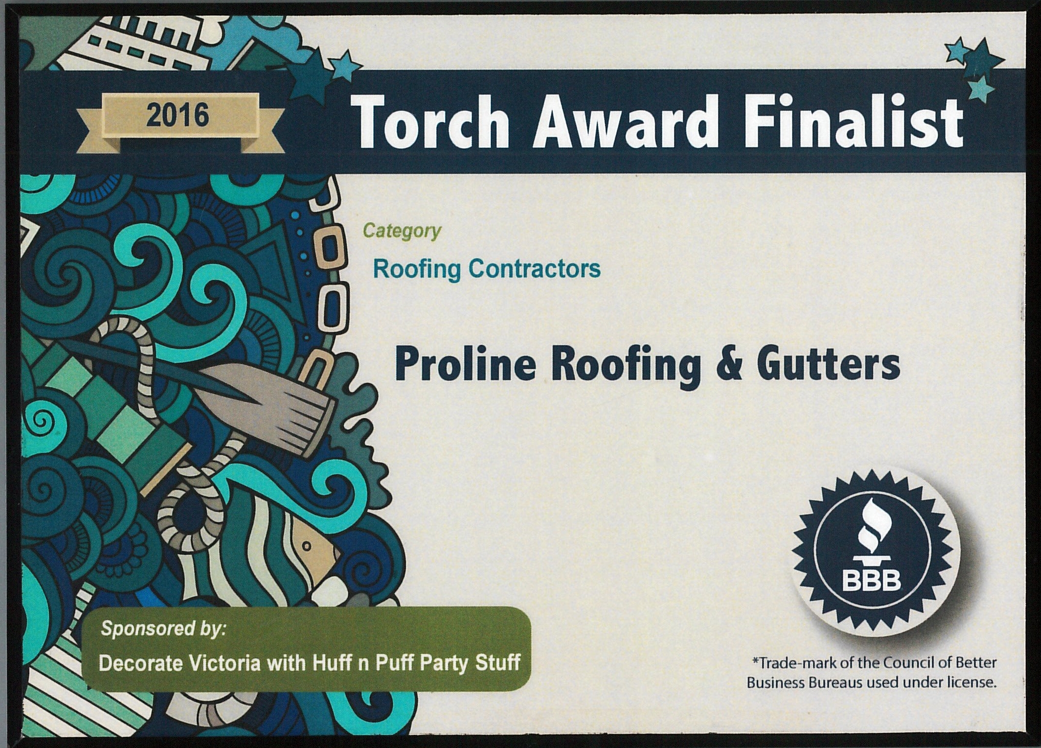 torch award 2016 finalist BBB proline roofing company accredited Victoria bc