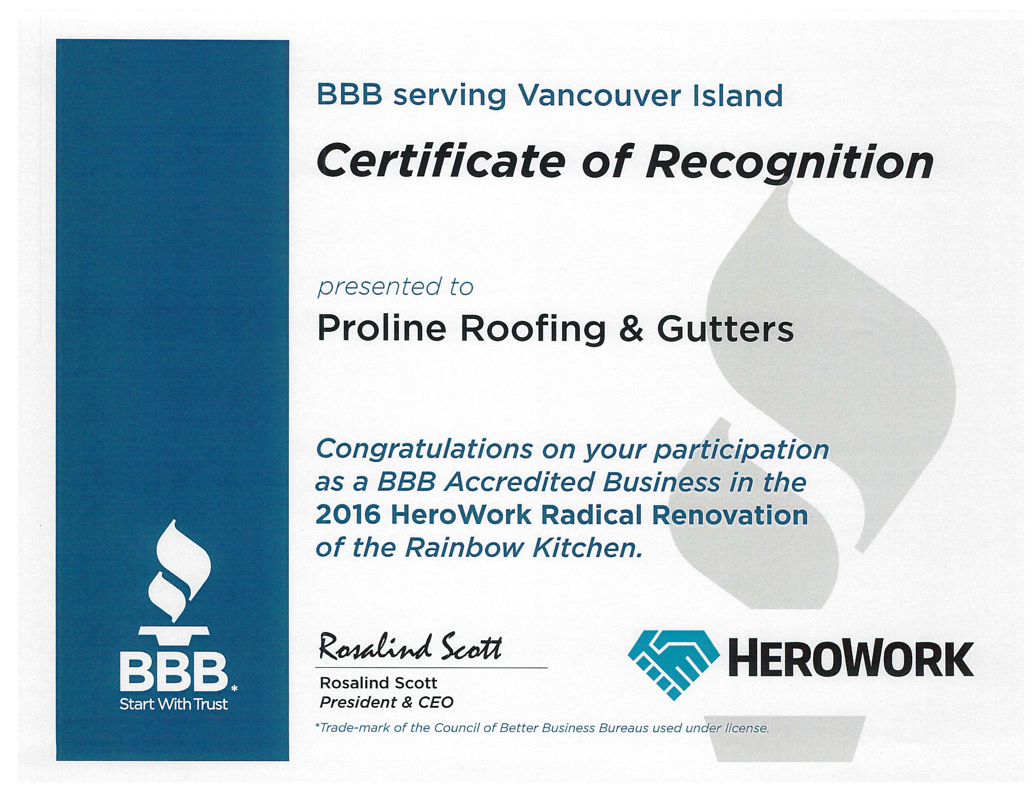herowork certificate Better Business BBB 2016 proline